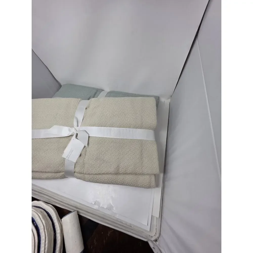 POTTERY BARN Organic Cotton Blanket Full/Queen Set Of 2 Textured Blankets NEW